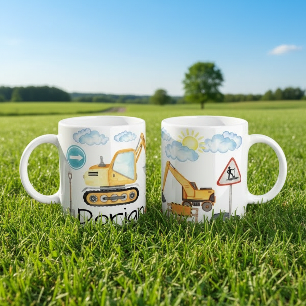 Mug personnalisé enfant avec illustration de pelleteuse sur pelouse.