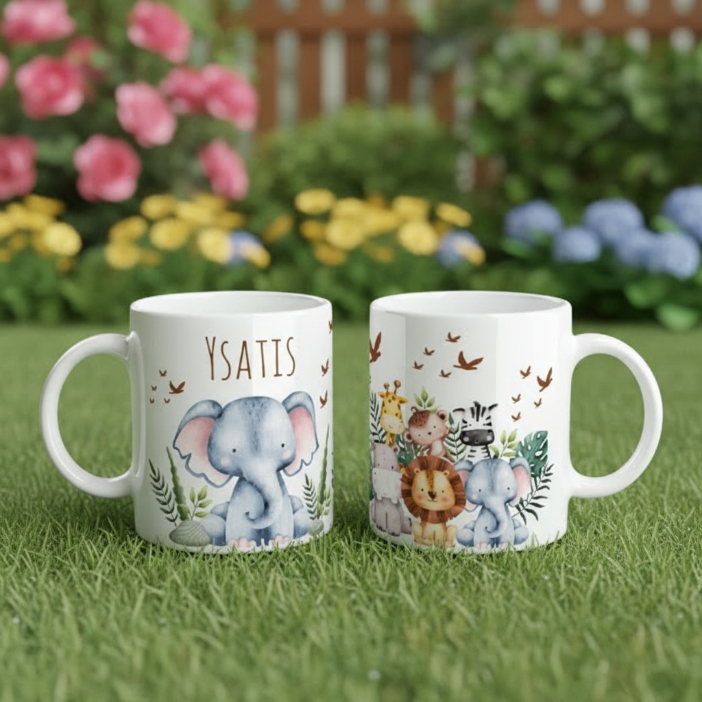 Mug enfant personnalisé avec illustration aquarelle d’animaux de la savane comprenant éléphant, lion, girafe et zèbre, posé sur de l’herbe dans un jardin fleuri