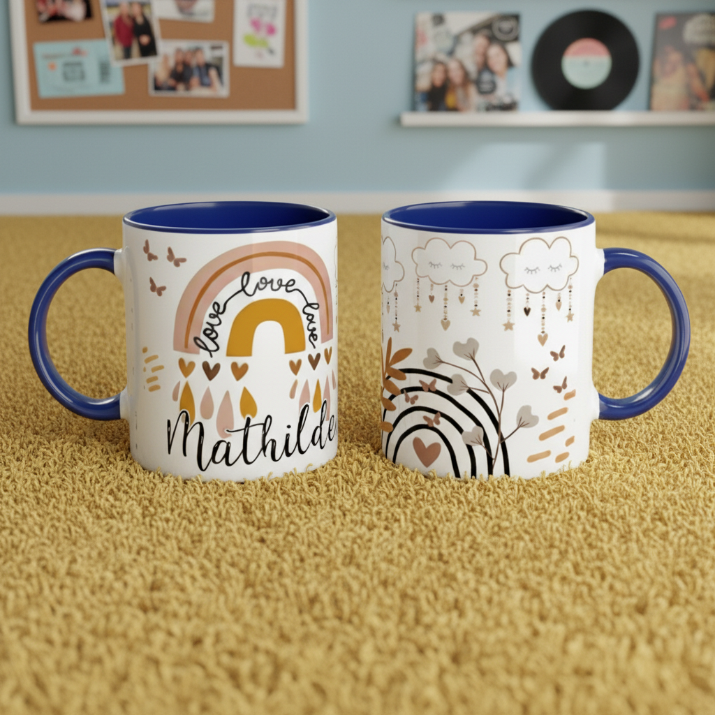 Mug enfant personnalisé avec motifs arc-en-ciel et illustration arrière