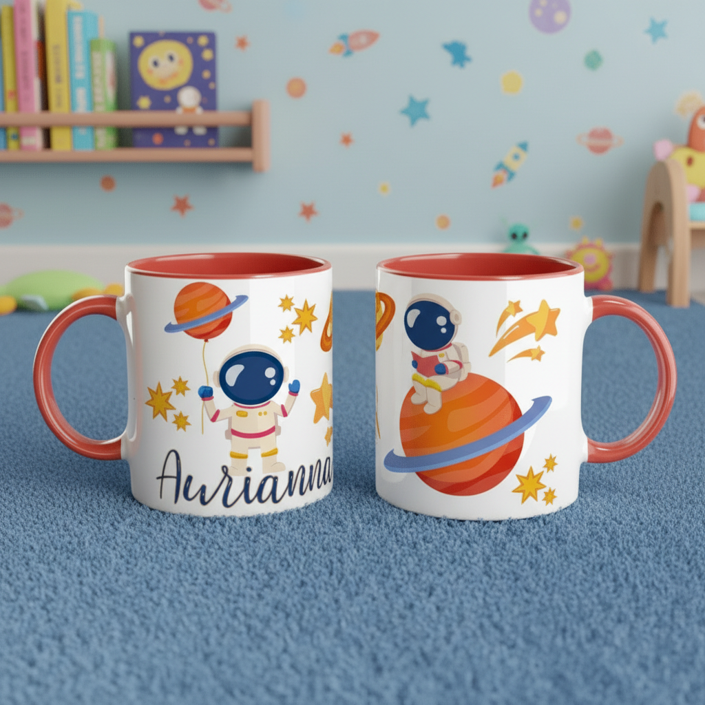 mug enfant personnalisé avec astronaute et planètes posé dans une chambre enfant