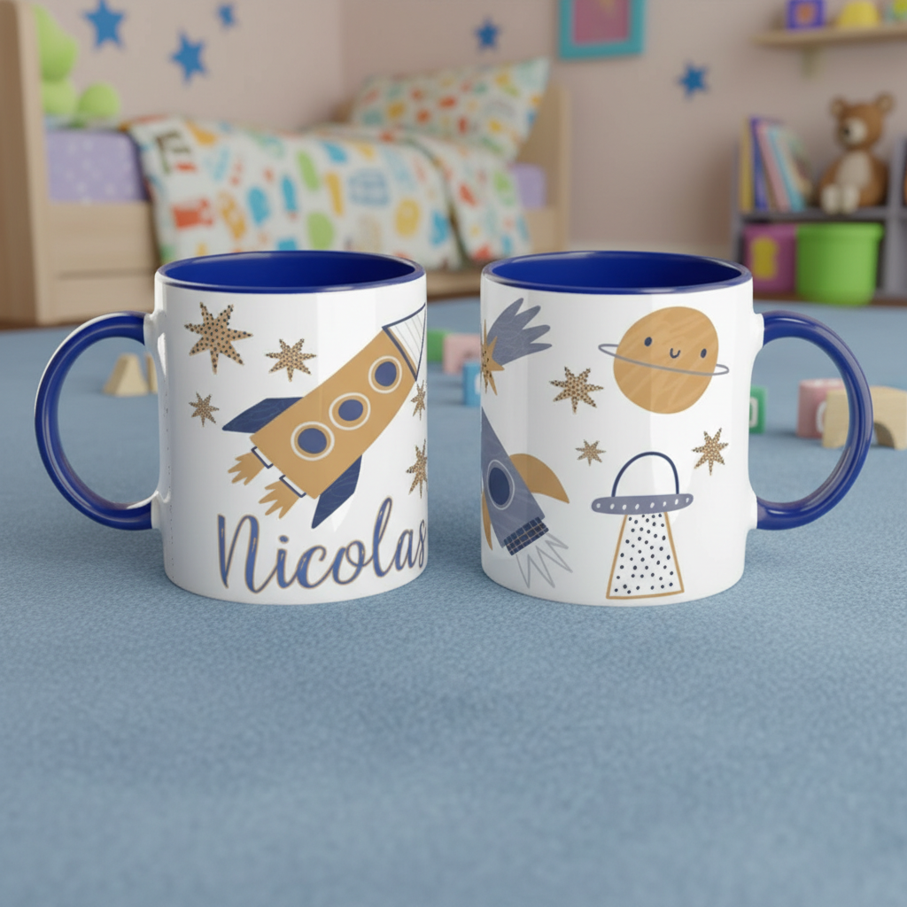 Mug enfant personnalisé thème espace avec illustration de fusée et étoiles dans une chambre d’enfant