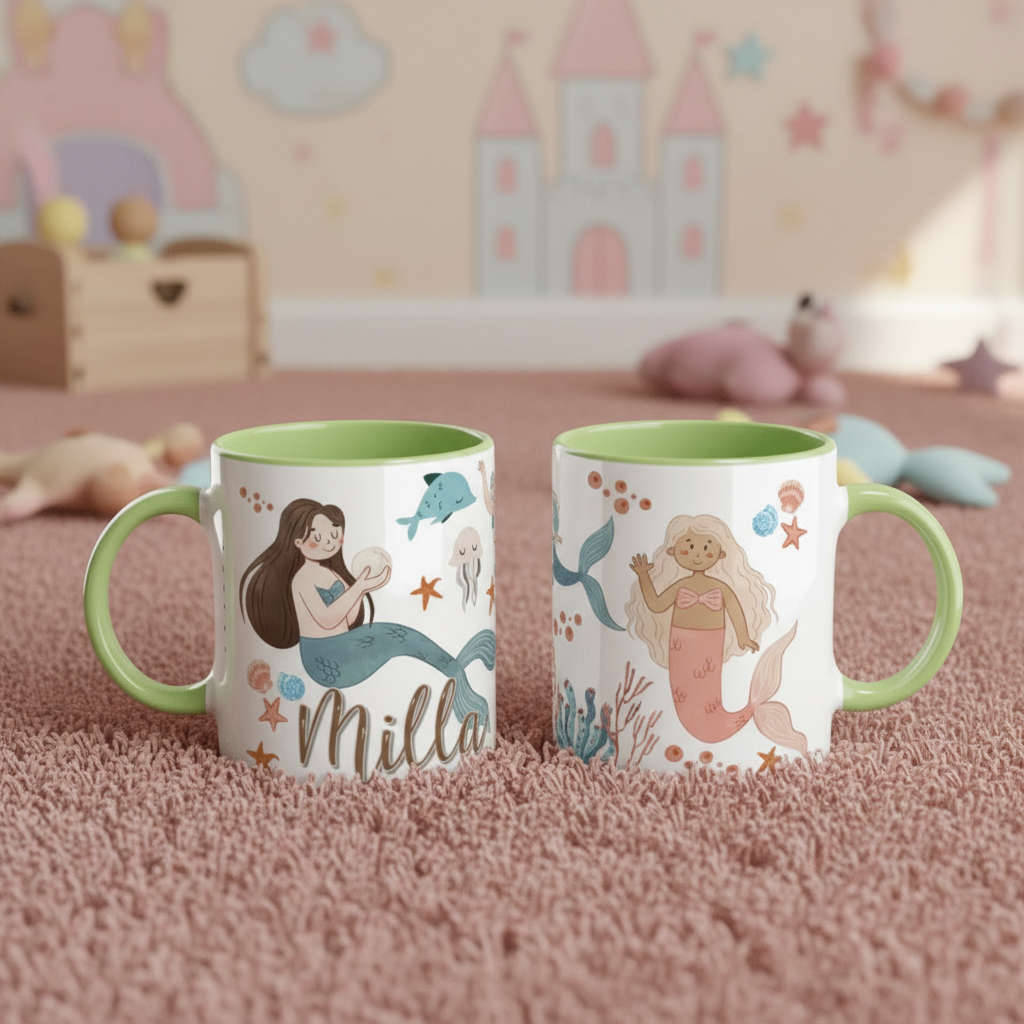 Mug enfant personnalisé avec illustration sirène sur tapis de chambre enfant