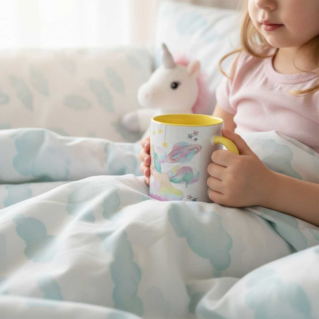 Mug enfant personnalisé licorne tenu par un enfant dans un univers doux