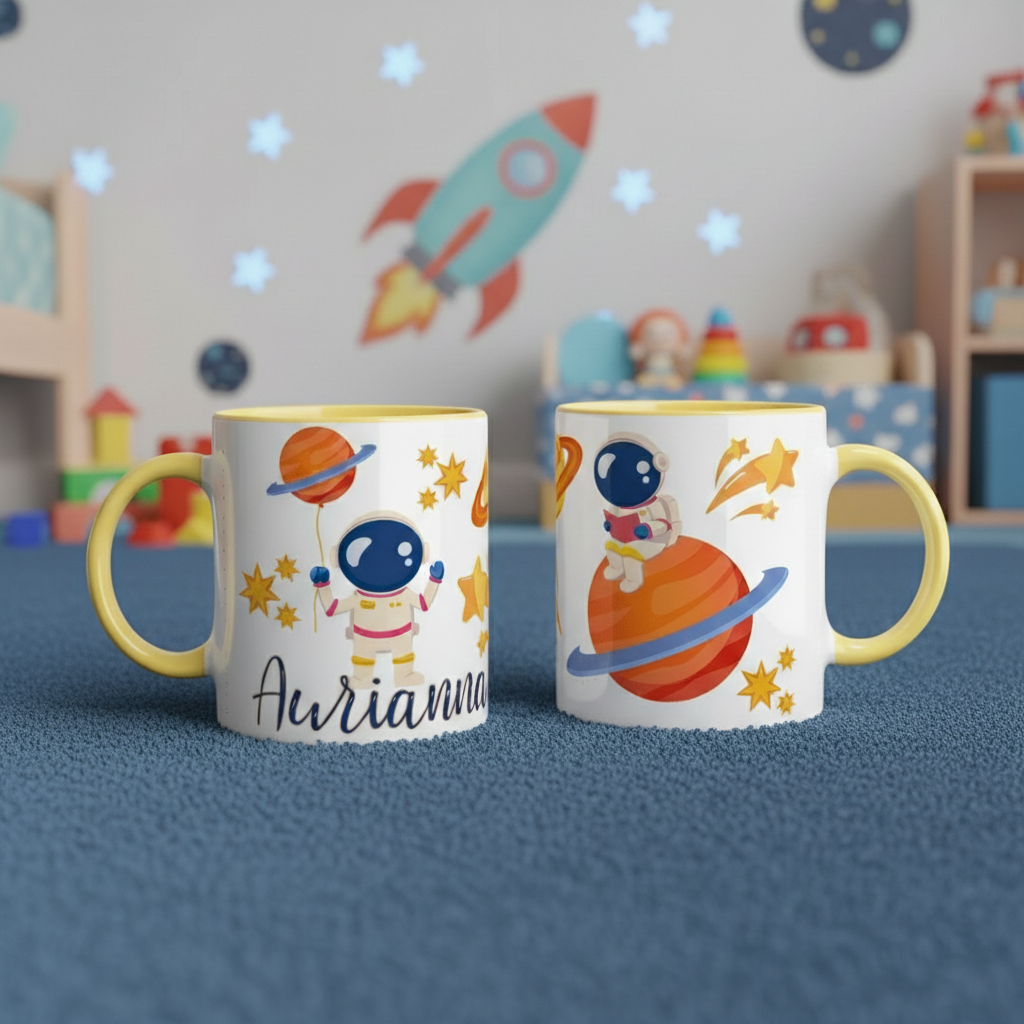 mug enfant thème espace avec anse jaune et illustration planètes