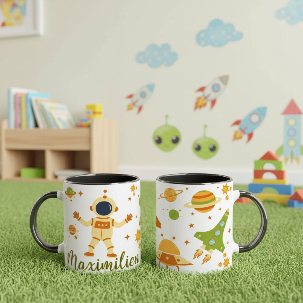 mug enfant illustré astronaute dans une chambre enfant