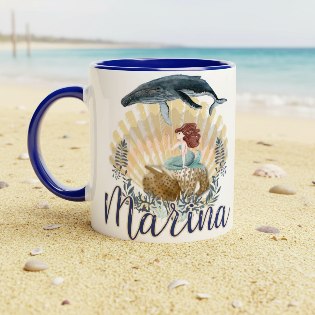 Mug enfant personnalisé décor marin avec sirène et animal marin