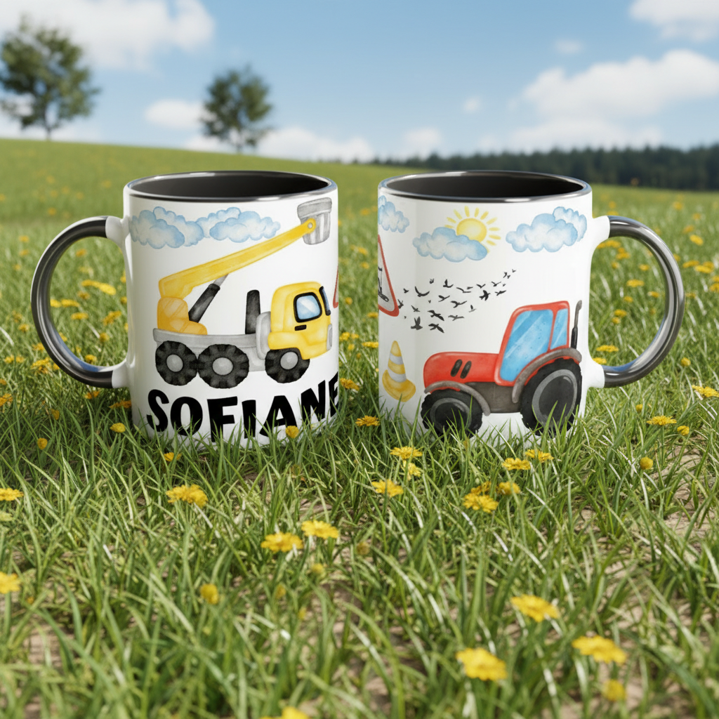 Tasse enfant personnalisée avec tracteur et décor de chantier en prairie