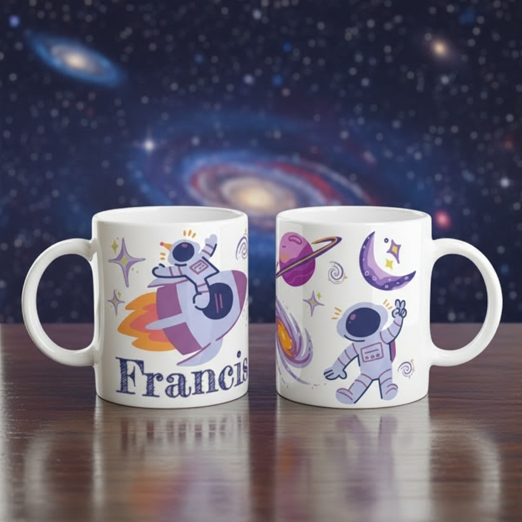 Mug enfant personnalisé avec illustration astronaute et univers spatial