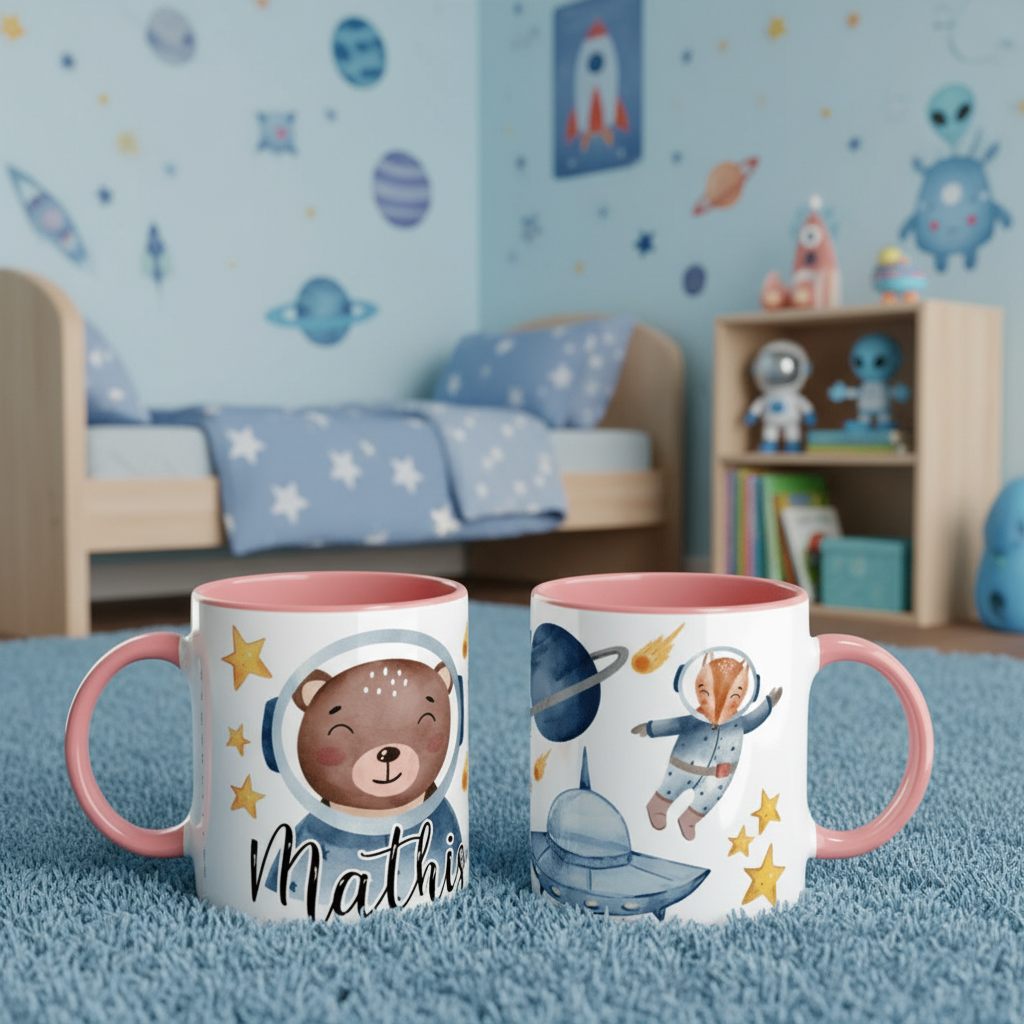 Mug enfant illustré espace avec astronaute et fusée en décor intérieur