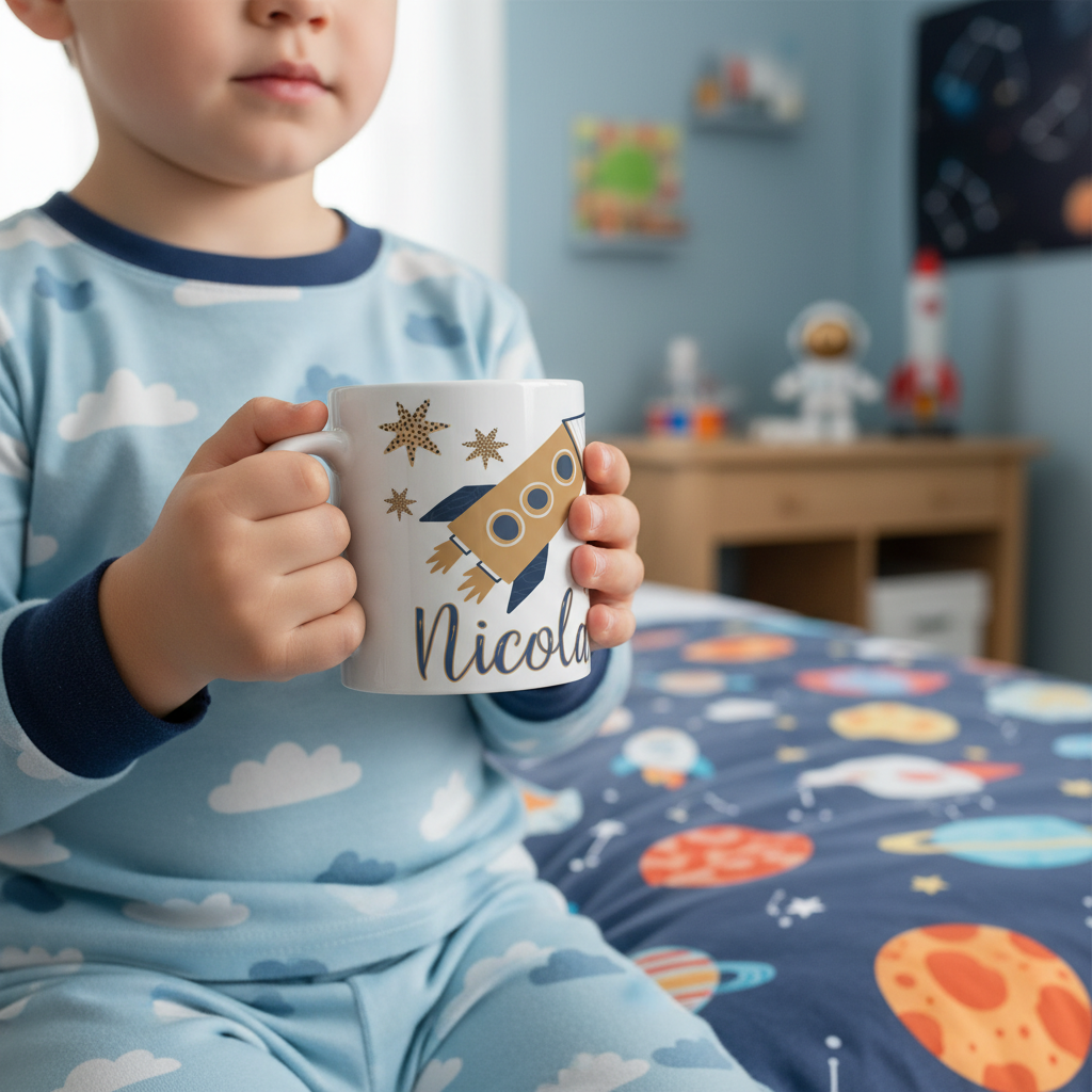 Mug enfant personnalisé thème espace tenu par un enfant dans une chambre décorée astronaute