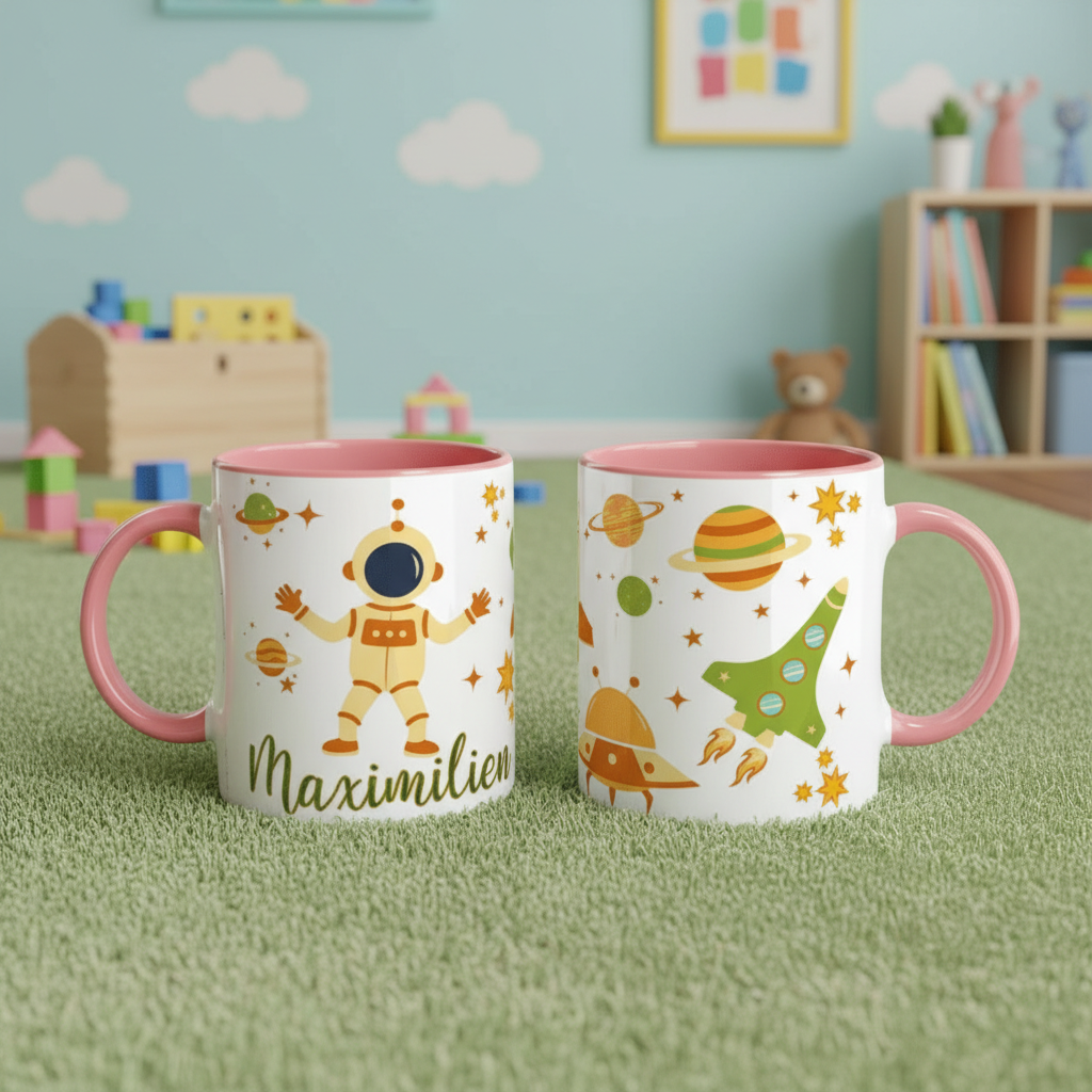 tasse enfant thème espace avec illustrations planètes et astronaute