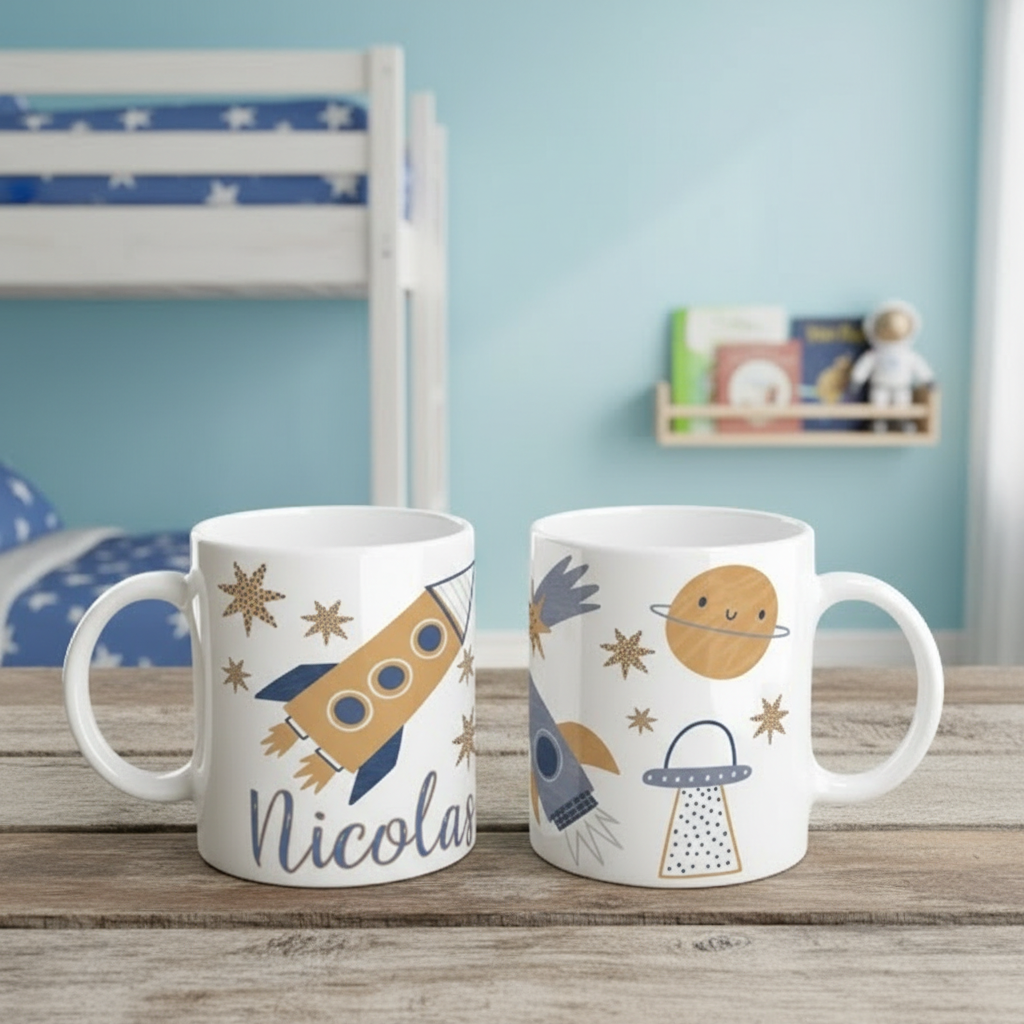 Mug personnalisé enfant avec illustrations astronaute, fusée et planètes sur fond intérieur