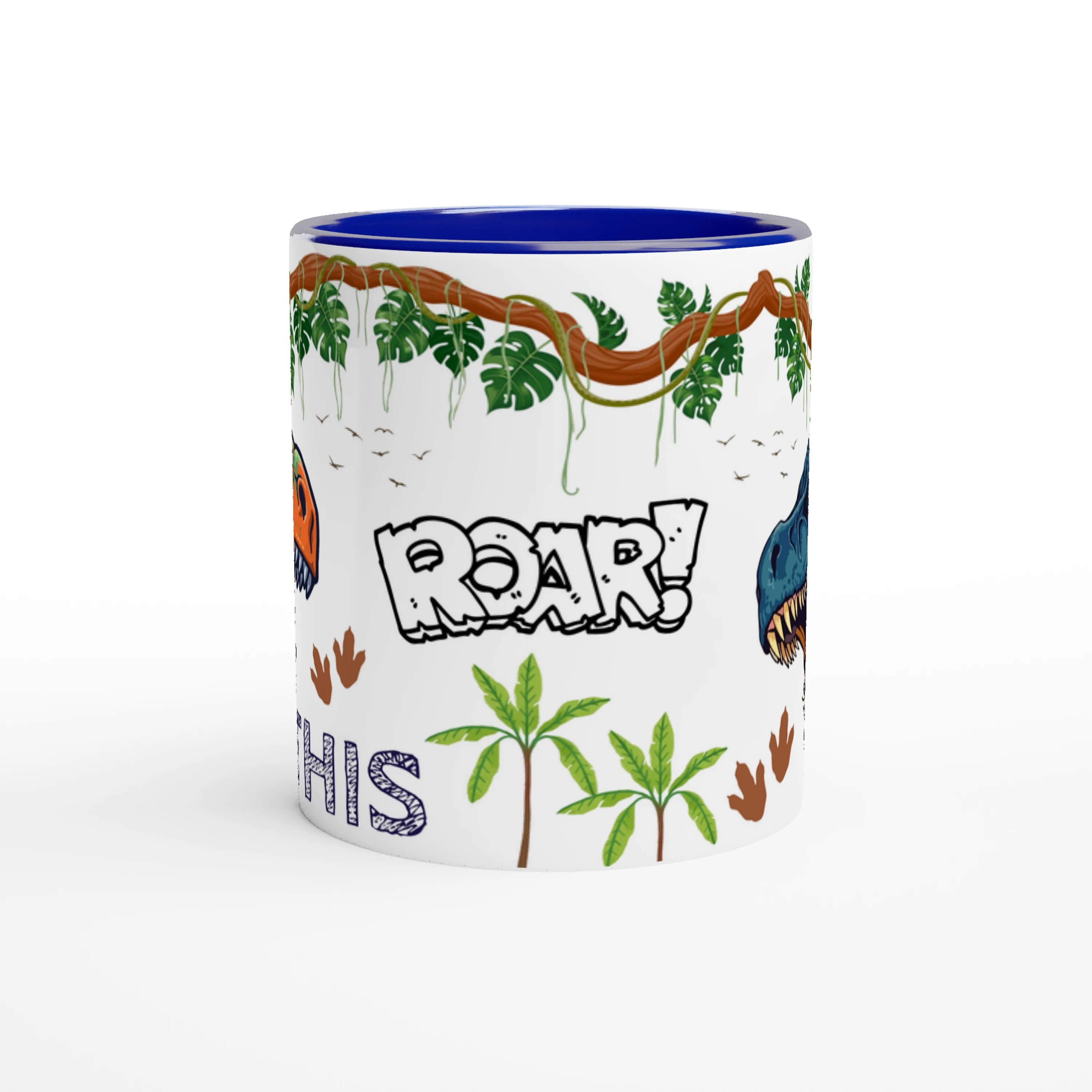 Mug personnalisé avec motif dinosaure T-Rex, intérieur et anse bleu, cadeau idéal pour enfant.