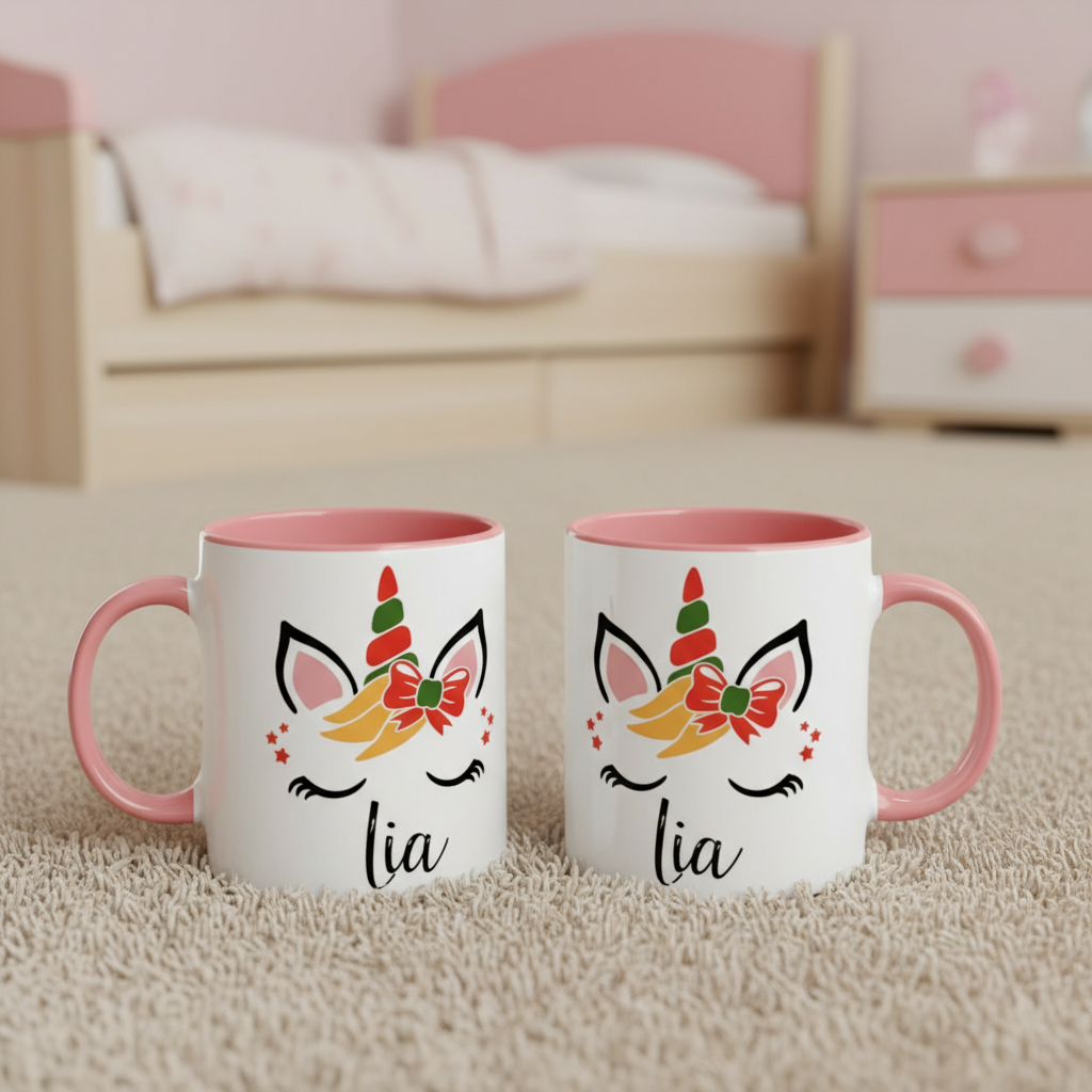 mug licorne enfant personnalisé avec anse rose