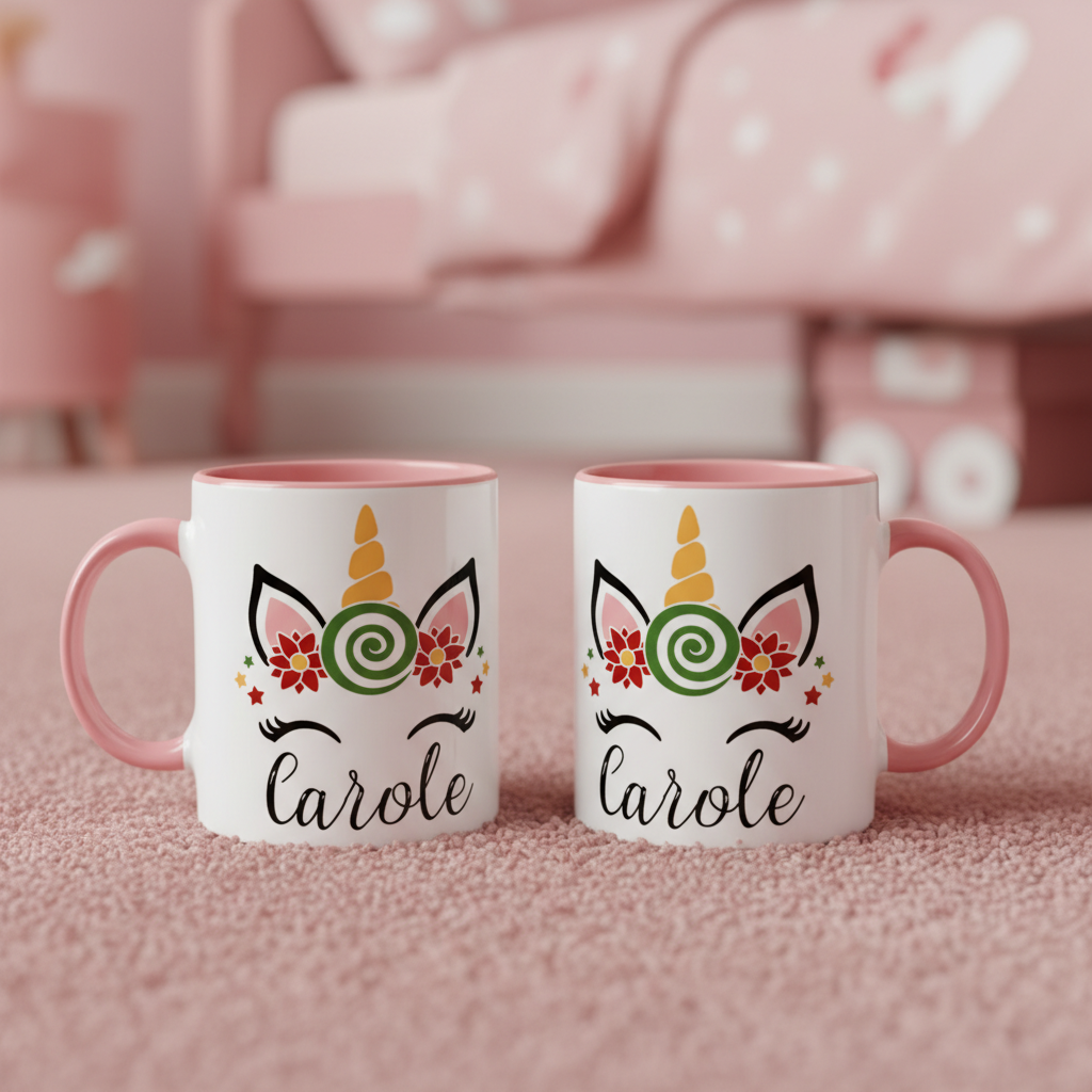 Mug licorne enfant avec anse rose et impression personnalisée