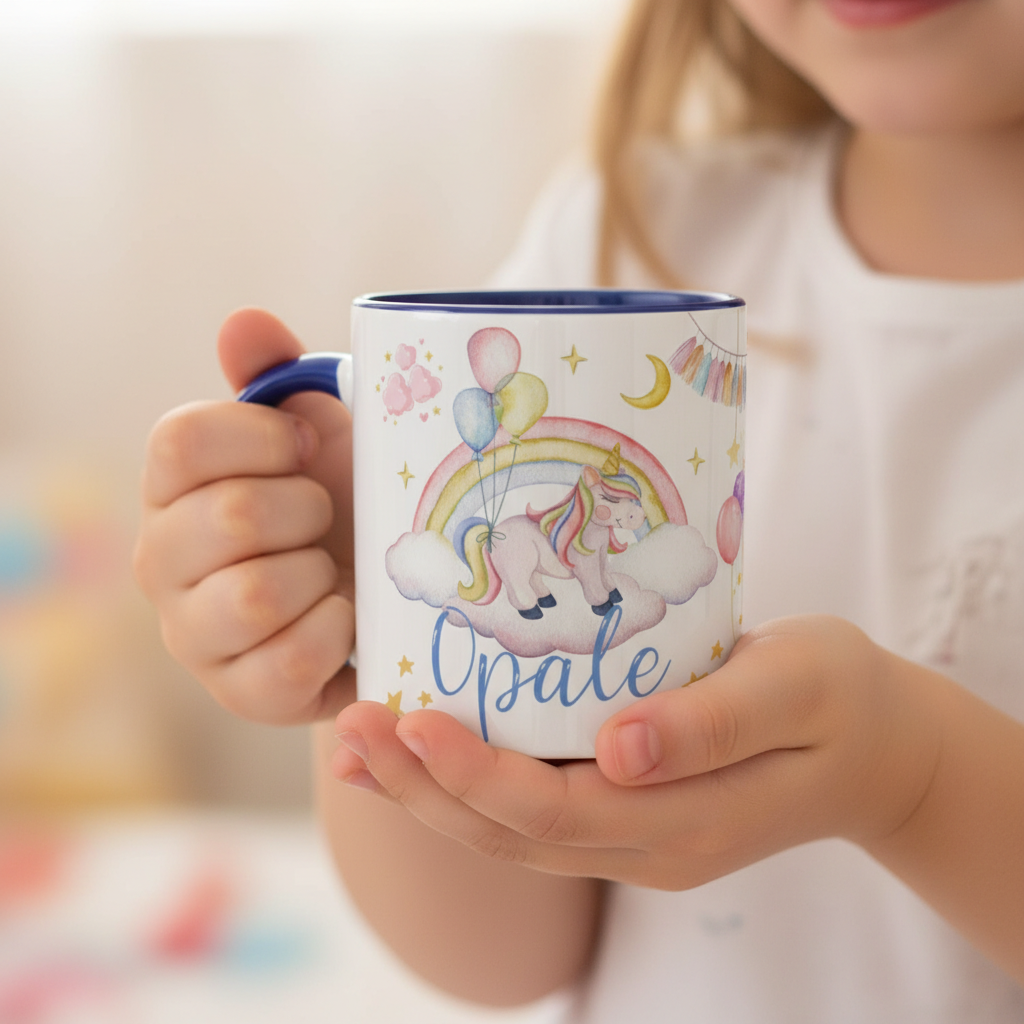 Enfant tenant un mug licorne en céramique lors d’un moment de détente
