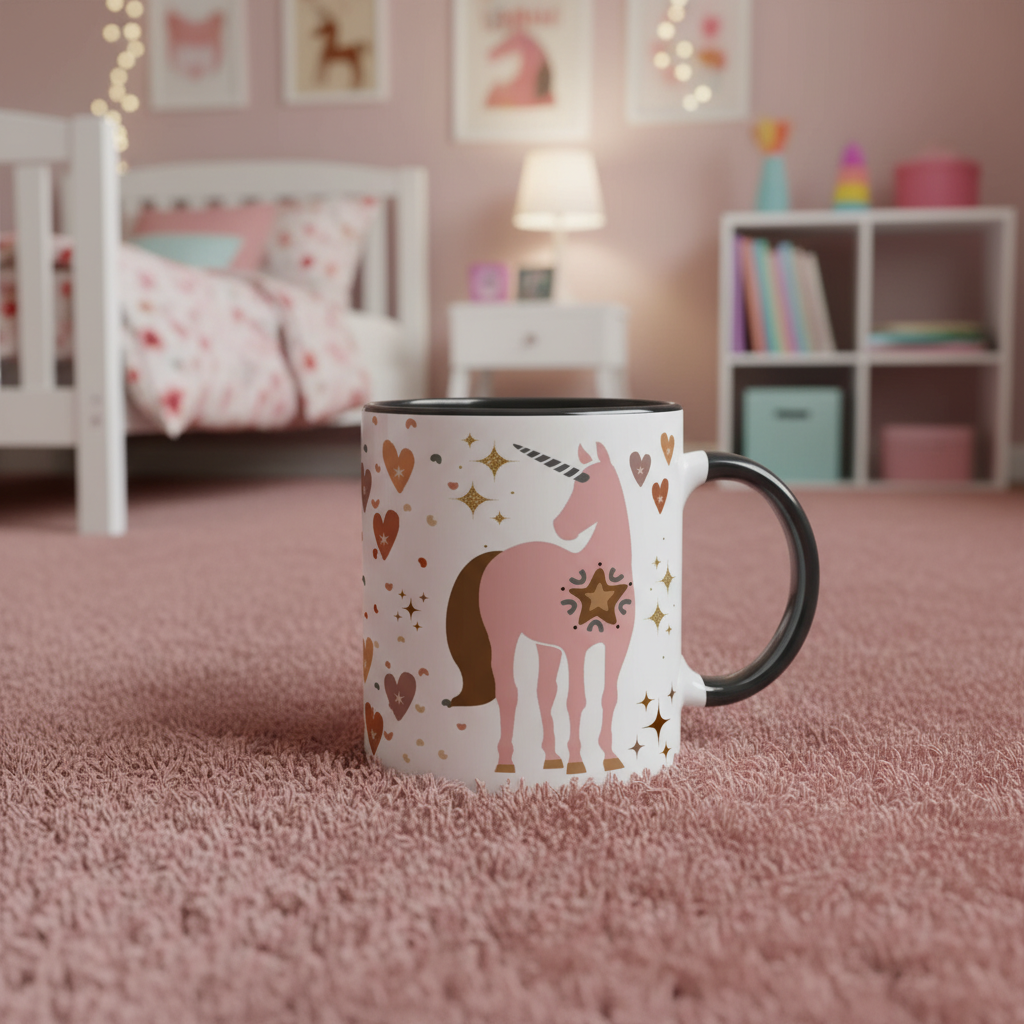 mug enfant en céramique avec motifs licorne et étoiles en détail