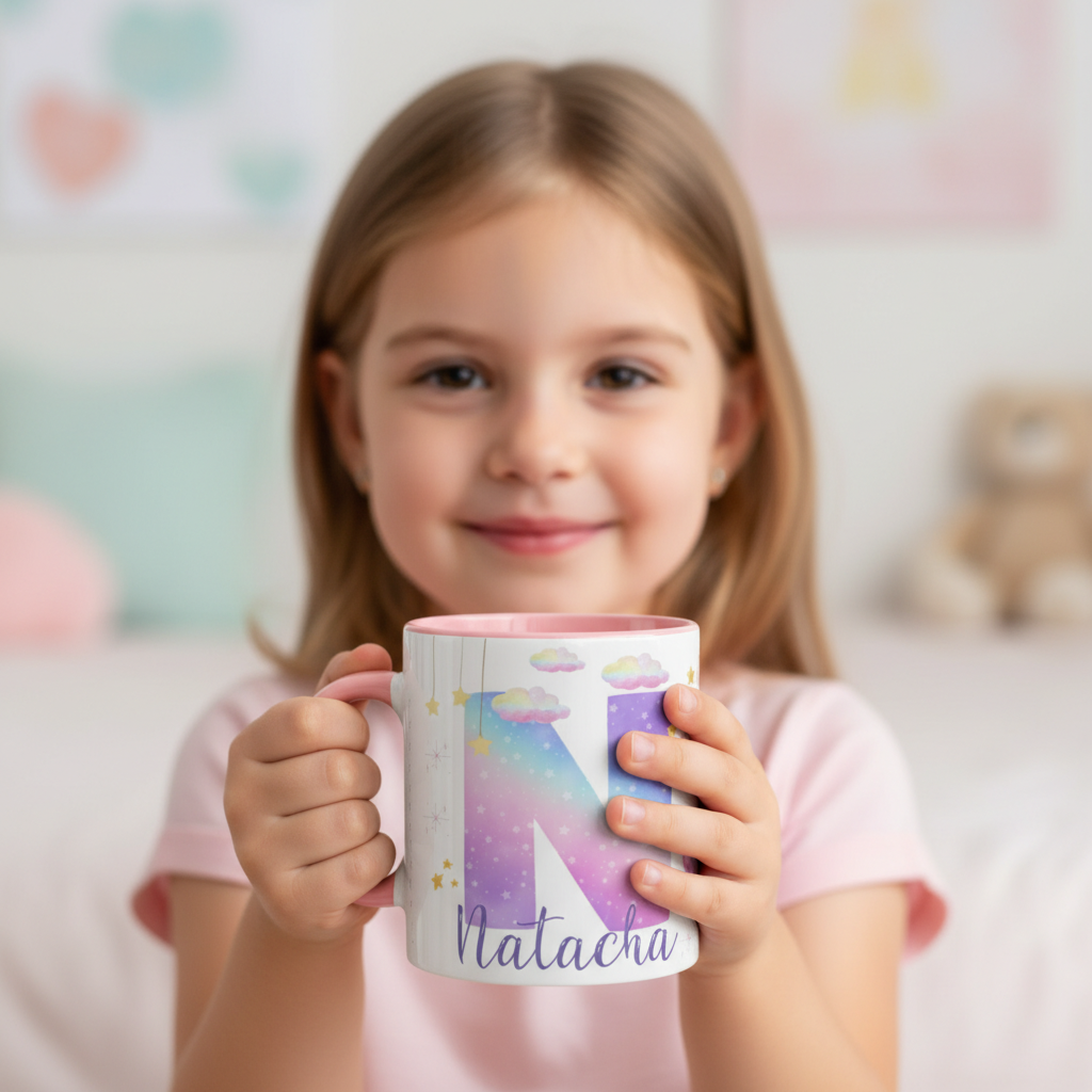 Mug enfant licorne personnalisé tenu par un enfant, idée cadeau fille ludique et pratique