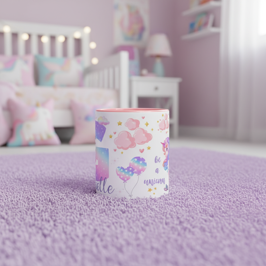 Détail du mug enfant licorne personnalisé, illustration féerique idéale comme cadeau fille