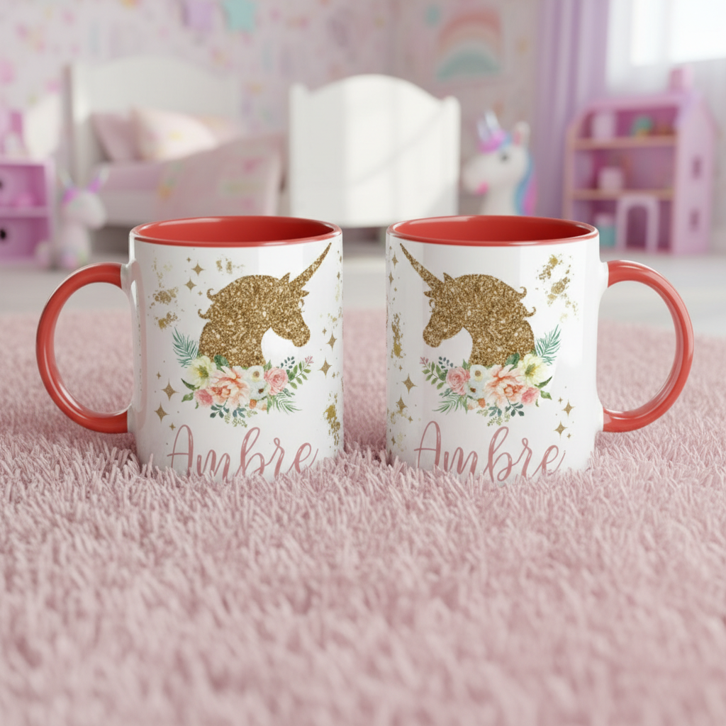 mugs enfant personnalisables licorne avec poignée rouge sur fond chambre enfant