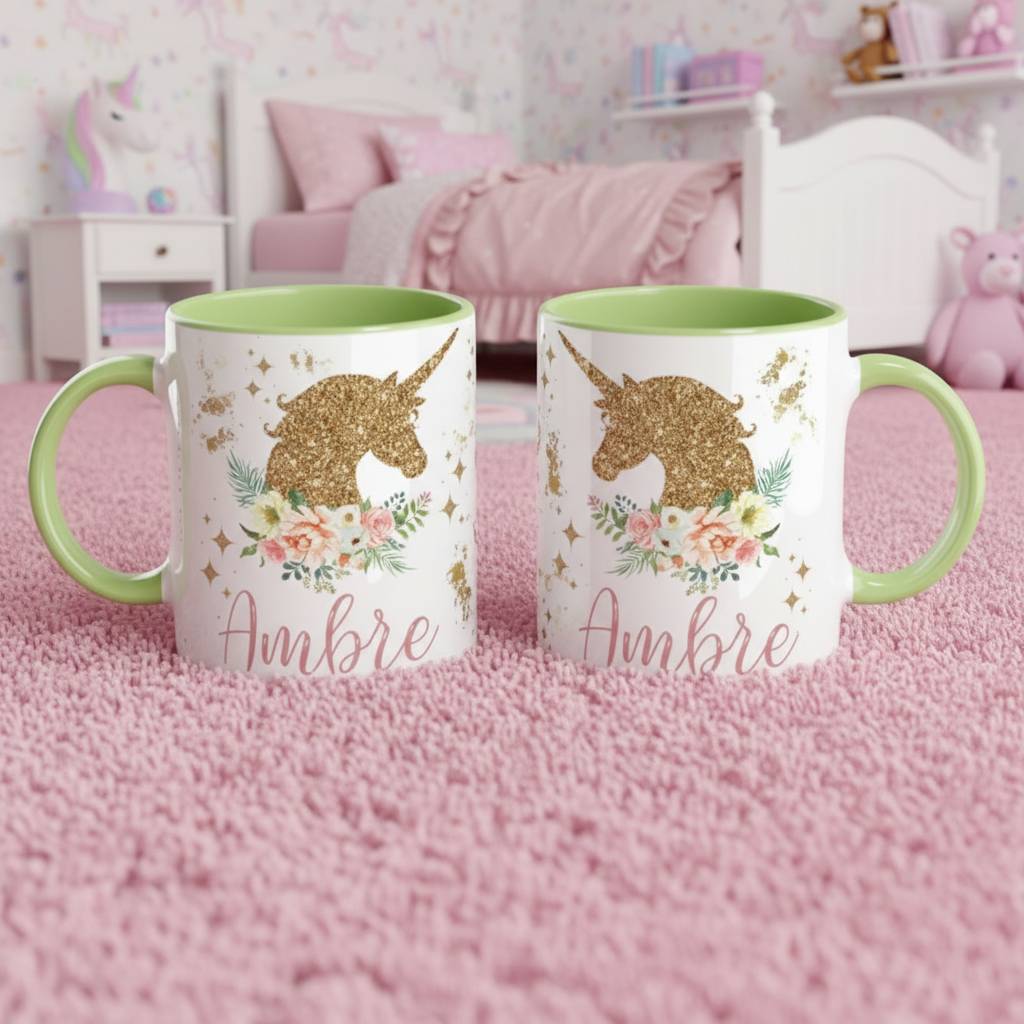 mugs enfant en céramique motif licorne avec poignée verte et intérieur assorti