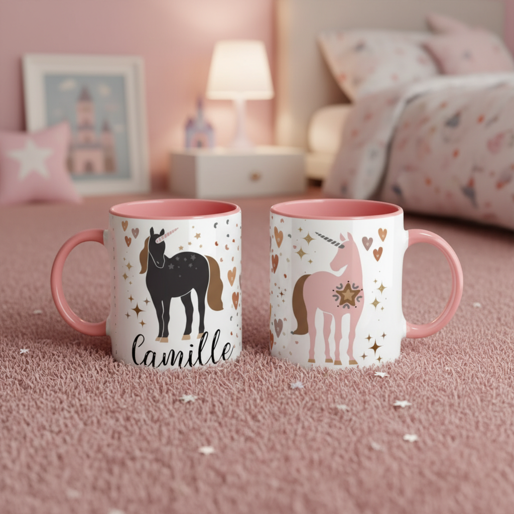 mug enfant en céramique avec motifs licorne et étoiles en détail