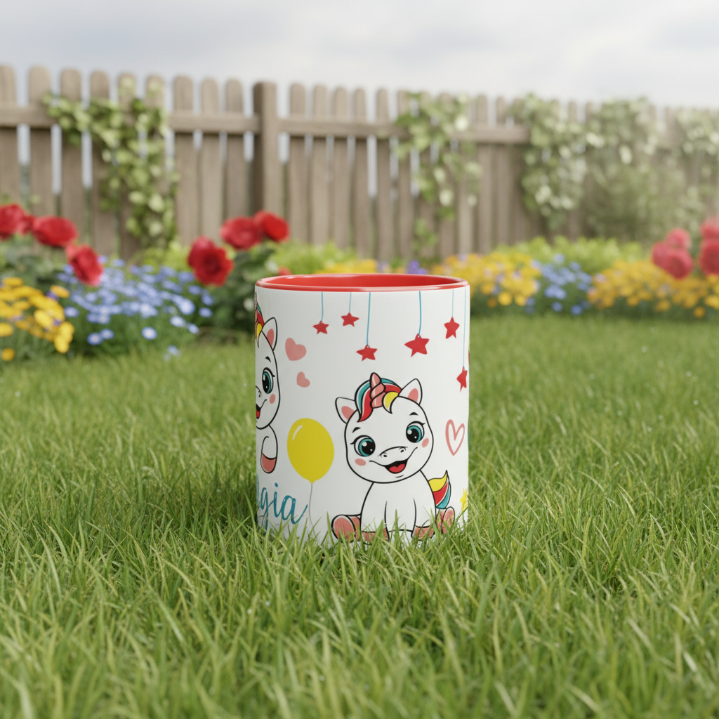 Mug enfant avec motif licorne au design doux et coloré, vue frontale sur fond intérieur lumineux