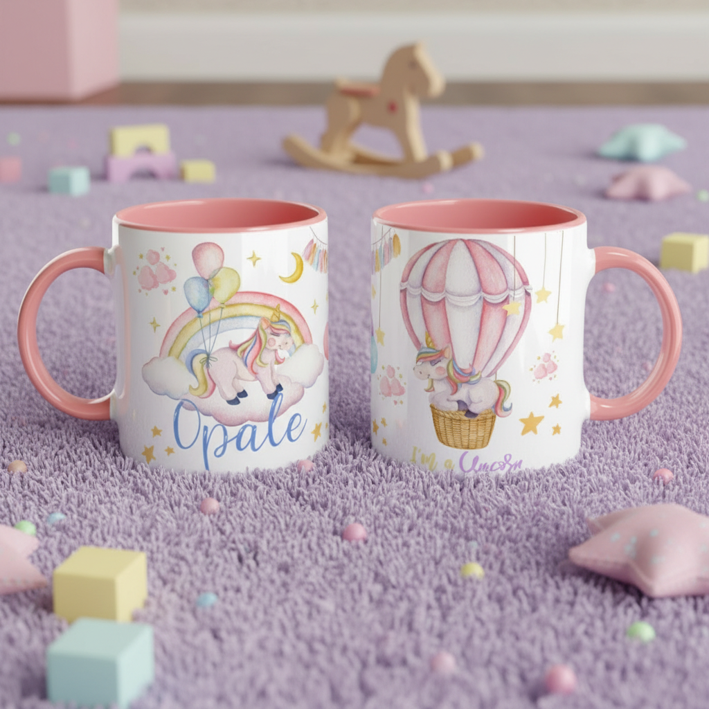 Mug enfant licorne avec poignée rose, motifs aquarelle et décor chambre enfant