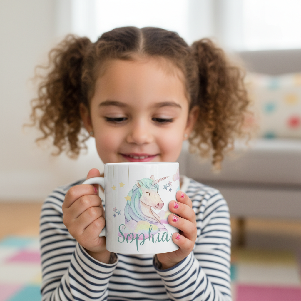 Enfant tenant un mug licorne personnalisé lors du goûter