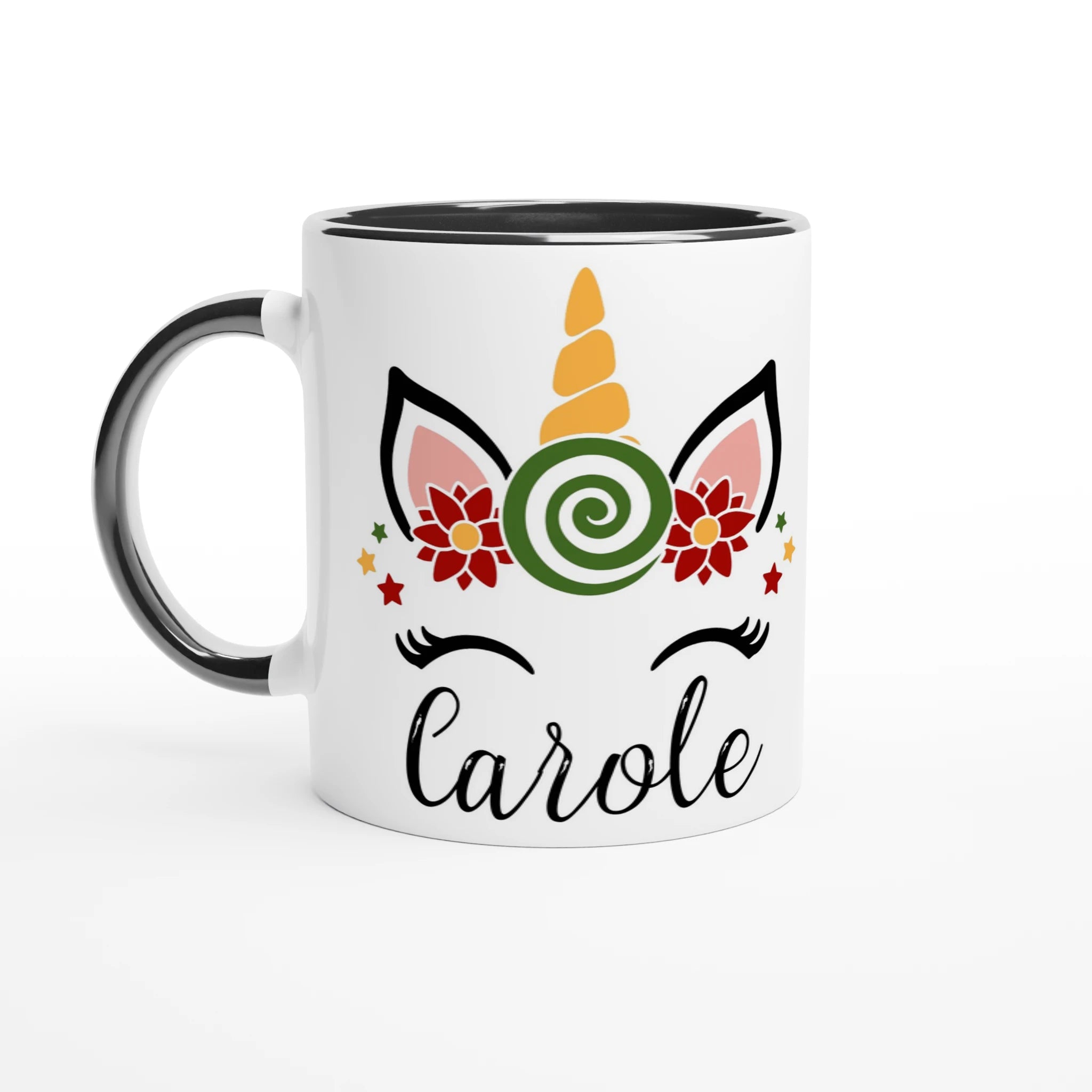 Mug blanc avec motif licorne festive et bonbon spiralé, anse noire et intérieur noir.