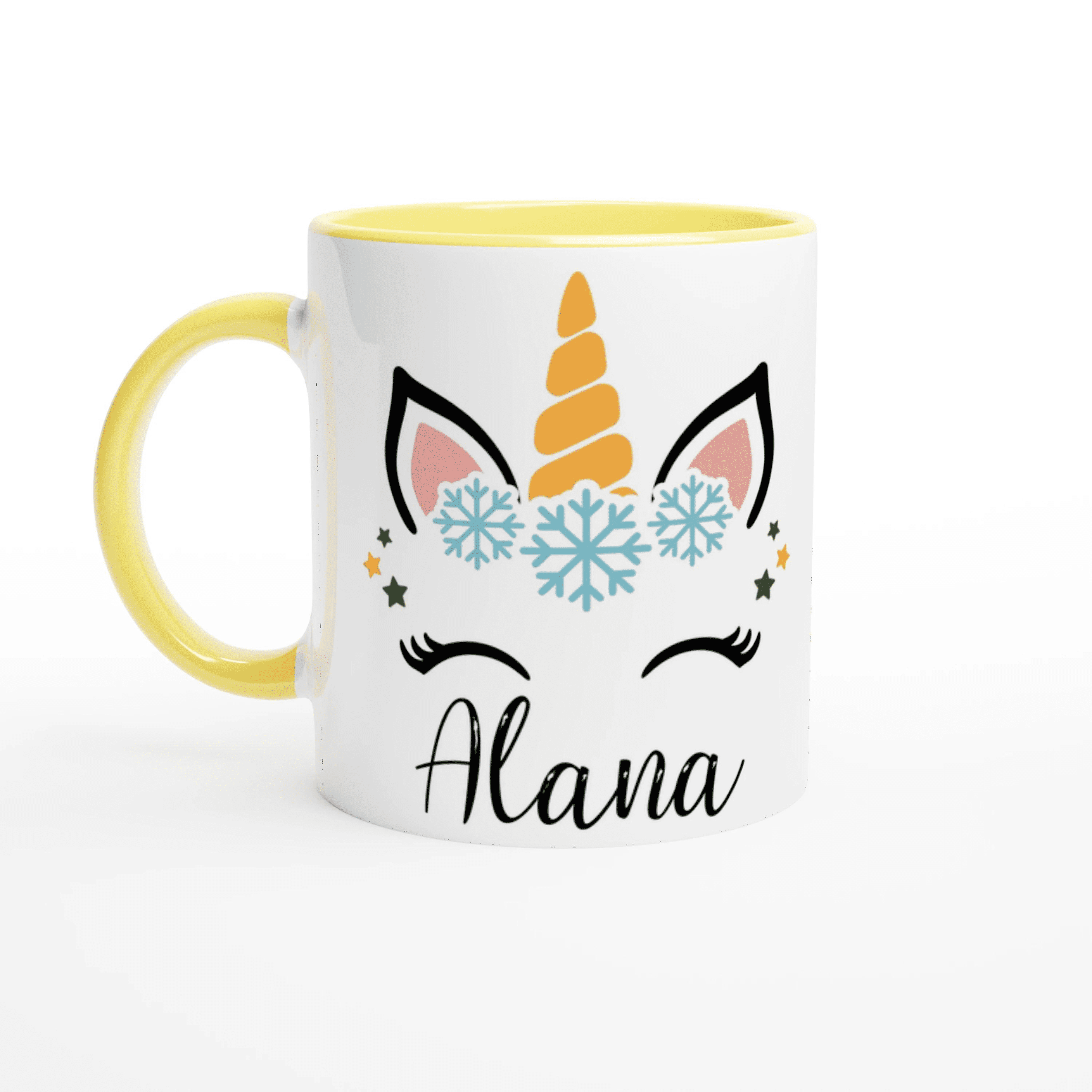 Mug blanc avec illustration licorne et flocons, anse jaune et intérieur jaune lumineux