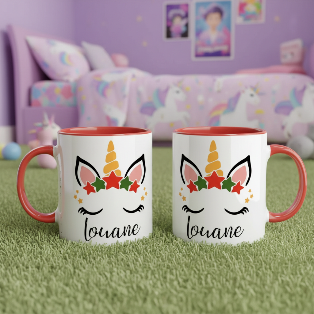 Tasse licorne de Noël avec anse colorée dans univers enfant
