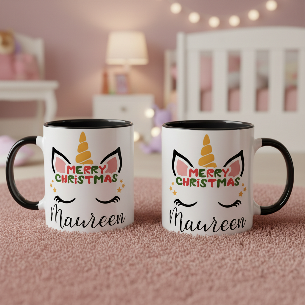 mug licorne de Noël avec anse noire et motif festif