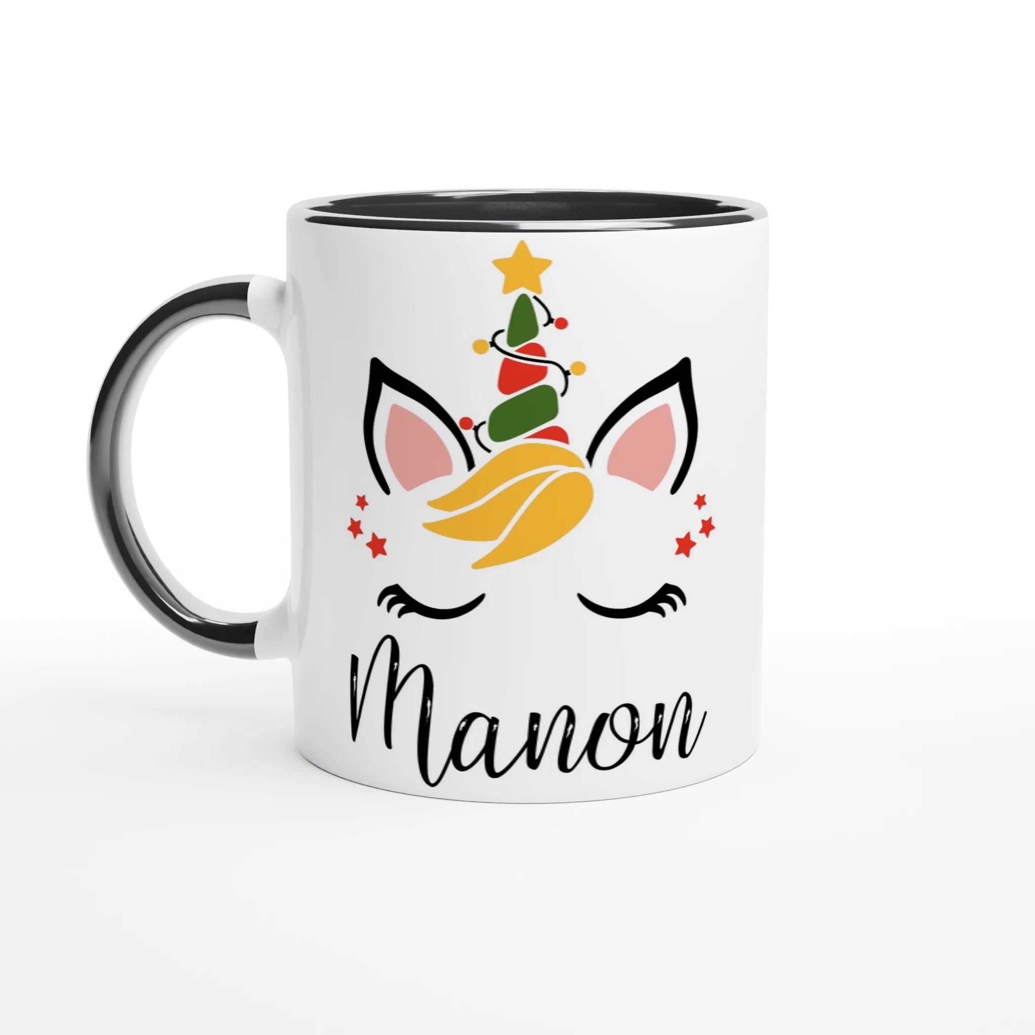 Mug blanc avec motif licorne de Noël, corne en forme de sapin, anse noire et intérieur noir