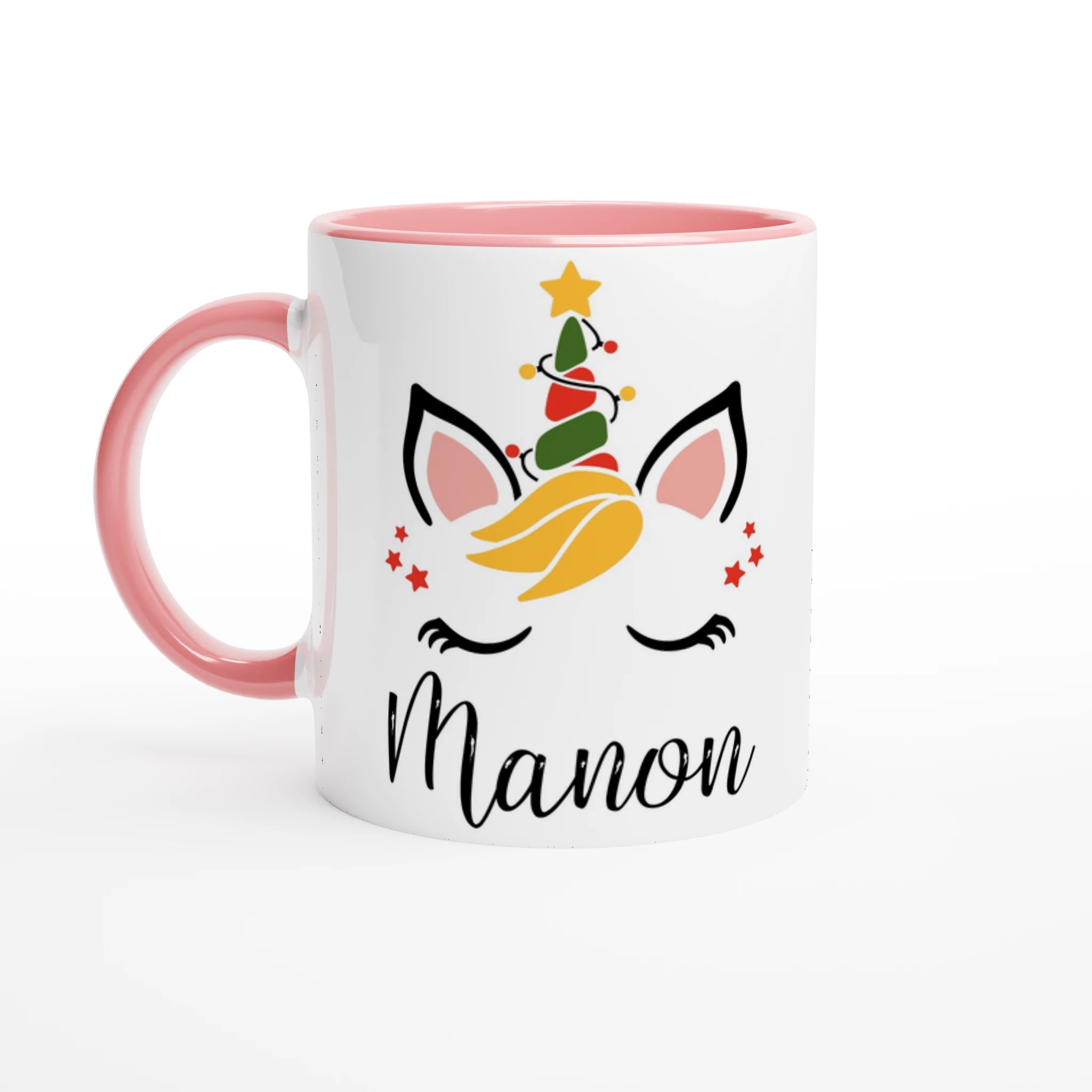Mug blanc avec illustration licorne de Noël, étoiles décoratives, anse rose et intérieur rose