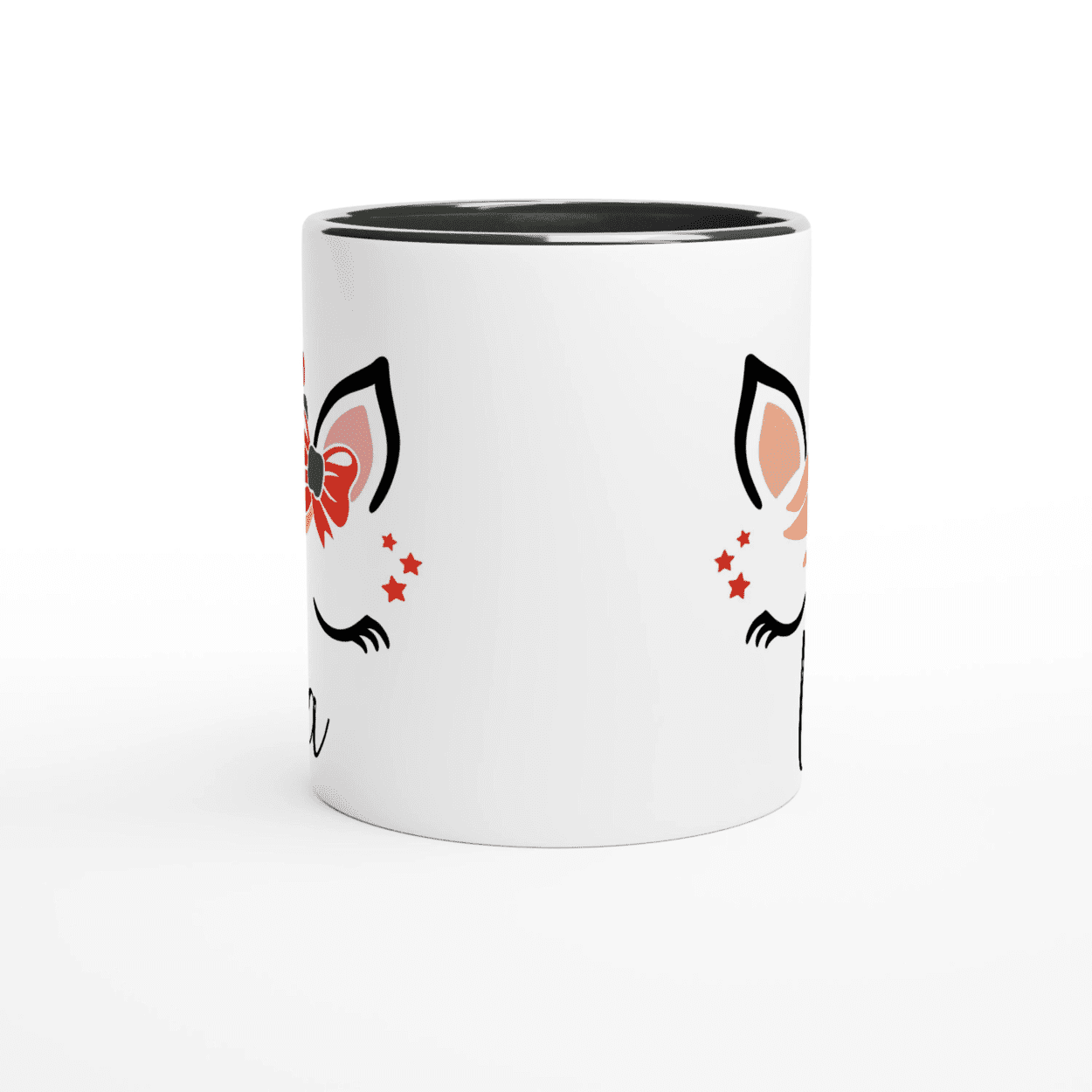 Mug licorne de Noël avec noeud rouge et corne festive, anse noire et intérieur noir, illustration licorne sur fond blanc.