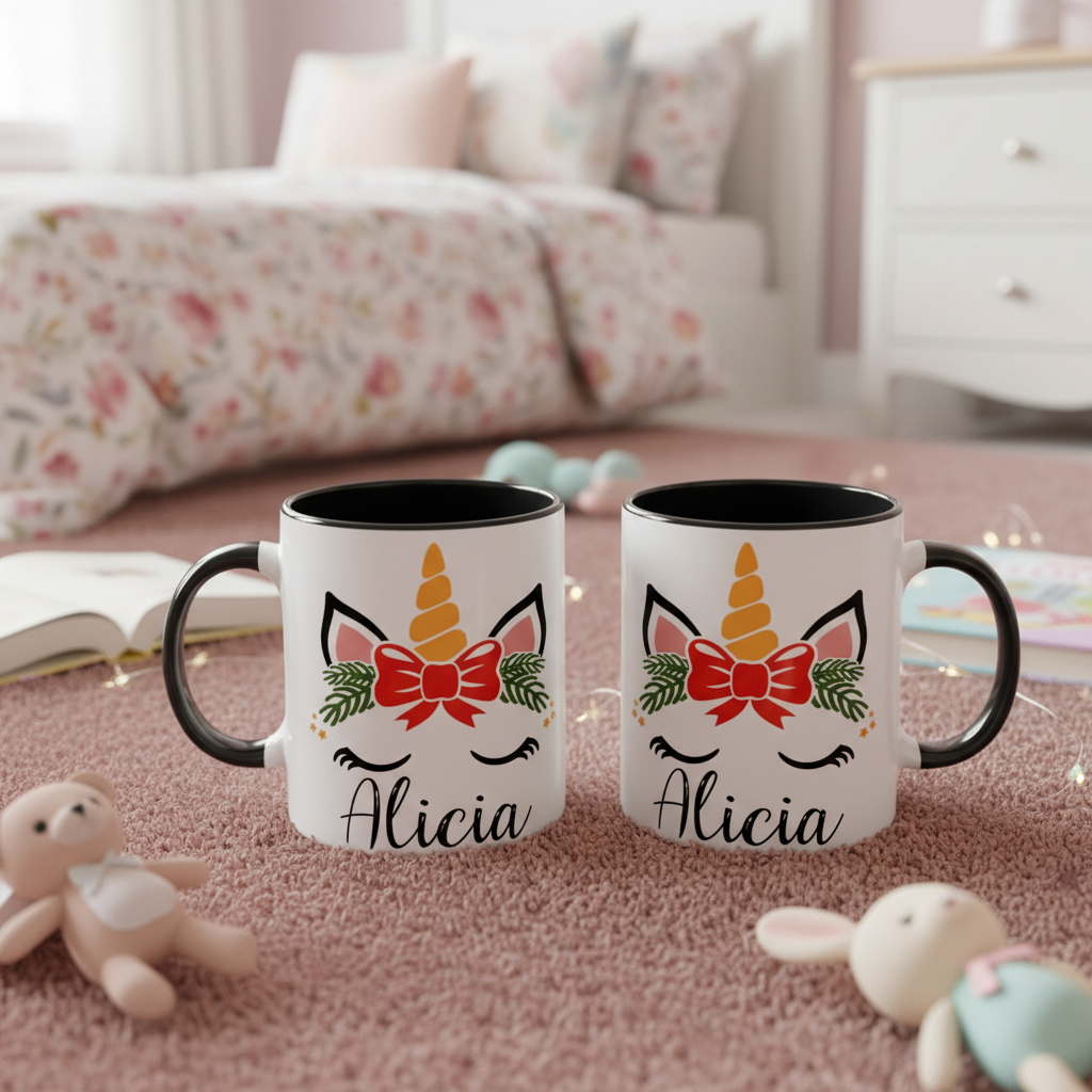 Mug licorne de Noël personnalisé posé dans une chambre d’enfant