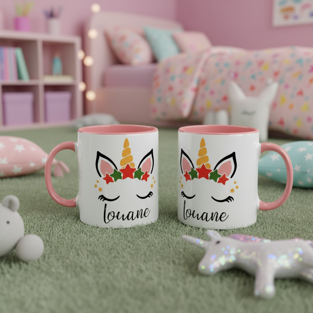 Mug licorne de Noël personnalisé pour enfant posé sur tapis