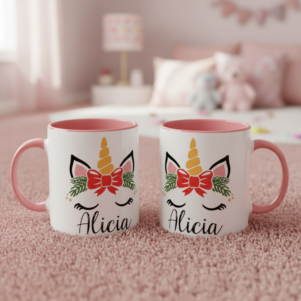 Mug licorne personnalisé avec anse rose dans un décor enfant