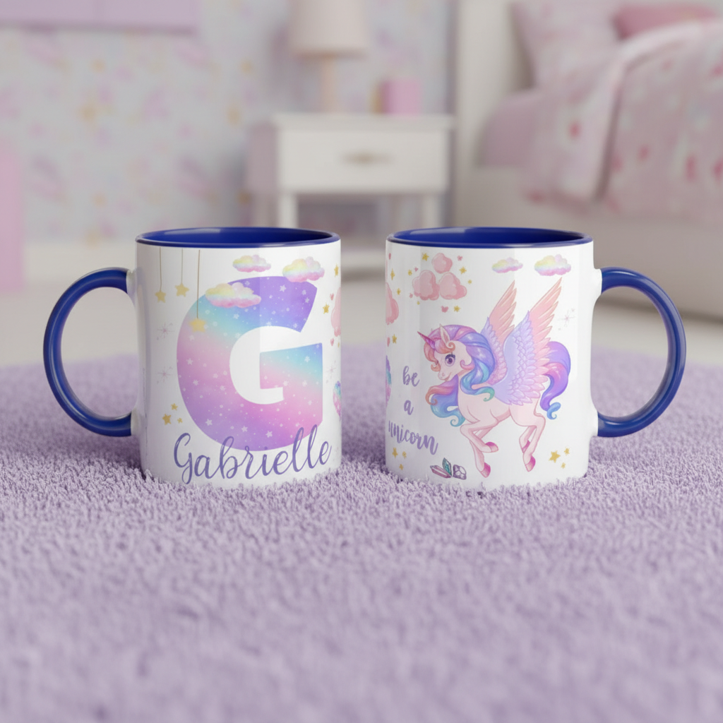 Mug licorne enfant personnalisé bleu, cadeau enfant original pour petit-déjeuner ou chocolat chaud
