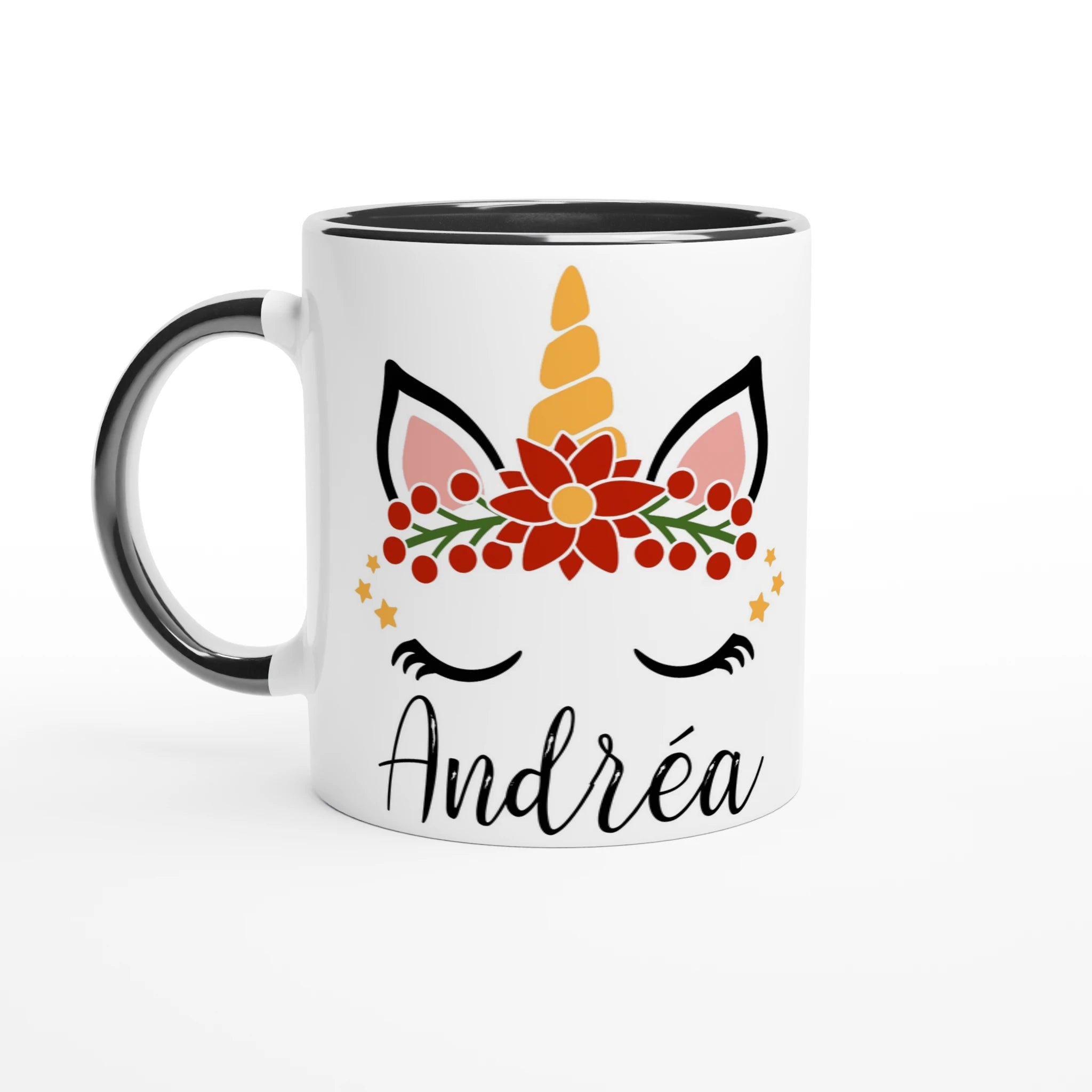 Mug blanc décoré d’une licorne stylisée avec couronne florale, design fantaisie et intérieur noir