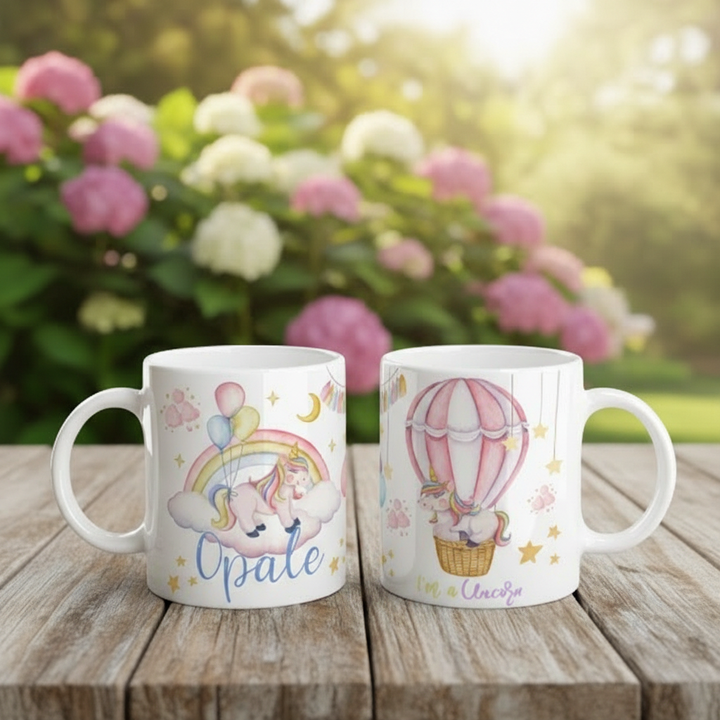 Mug licorne personnalisable avec arc-en-ciel et décor féerique pour enfant