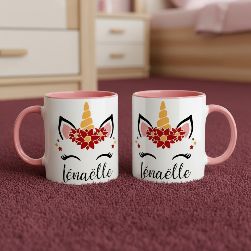 Mug personnalisé licorne pour enfant avec intérieur rose