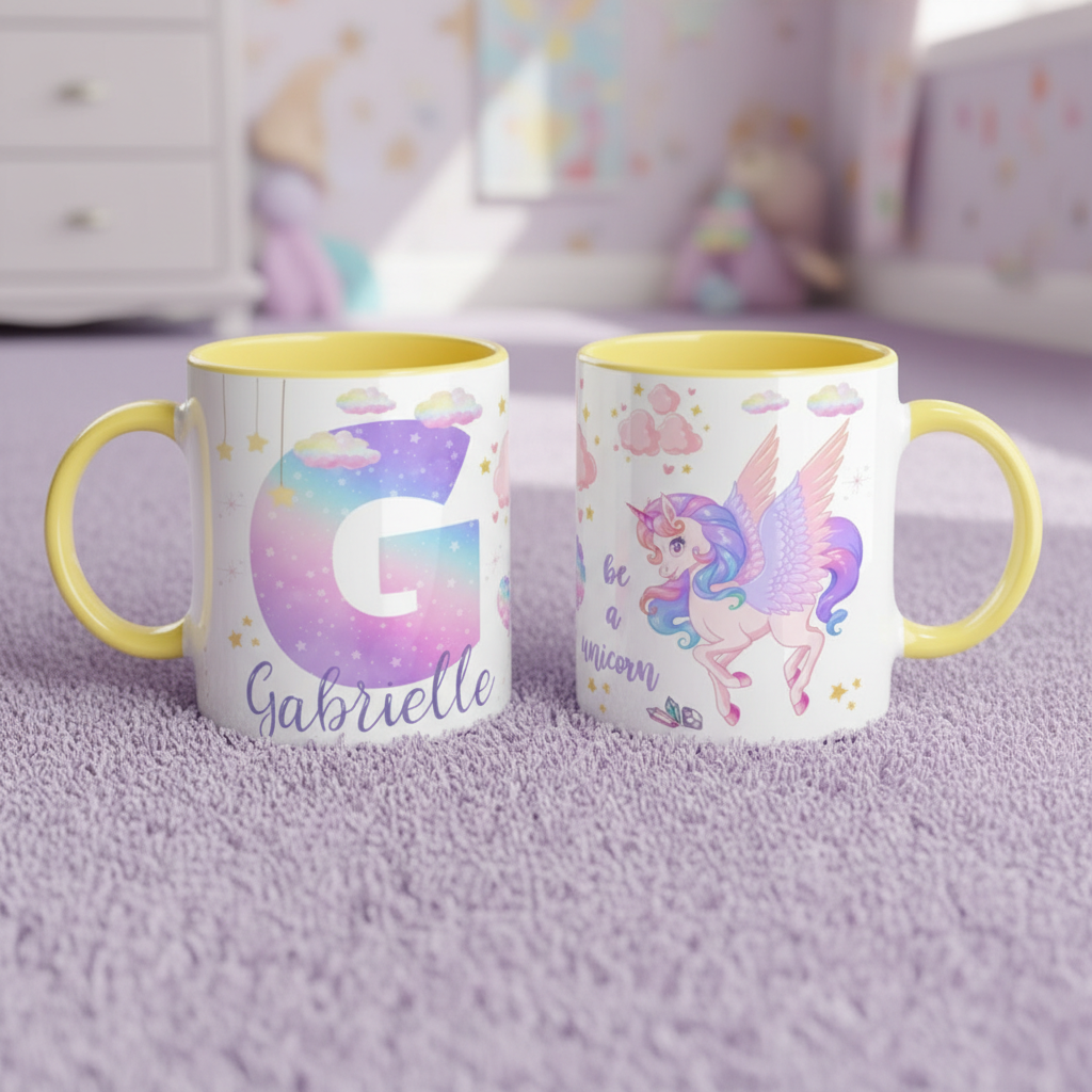 Mug enfant personnalisé licorne jaune, cadeau personnalisé pour fille à offrir pour un goûter ou une occasion spéciale