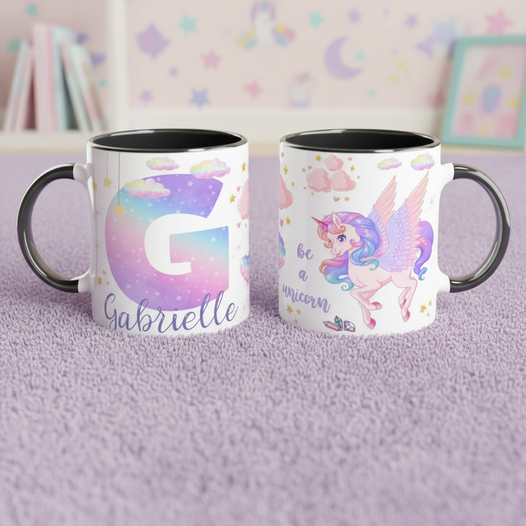 Mug enfant personnalisé licorne noir, idée cadeau fille tendance et durable