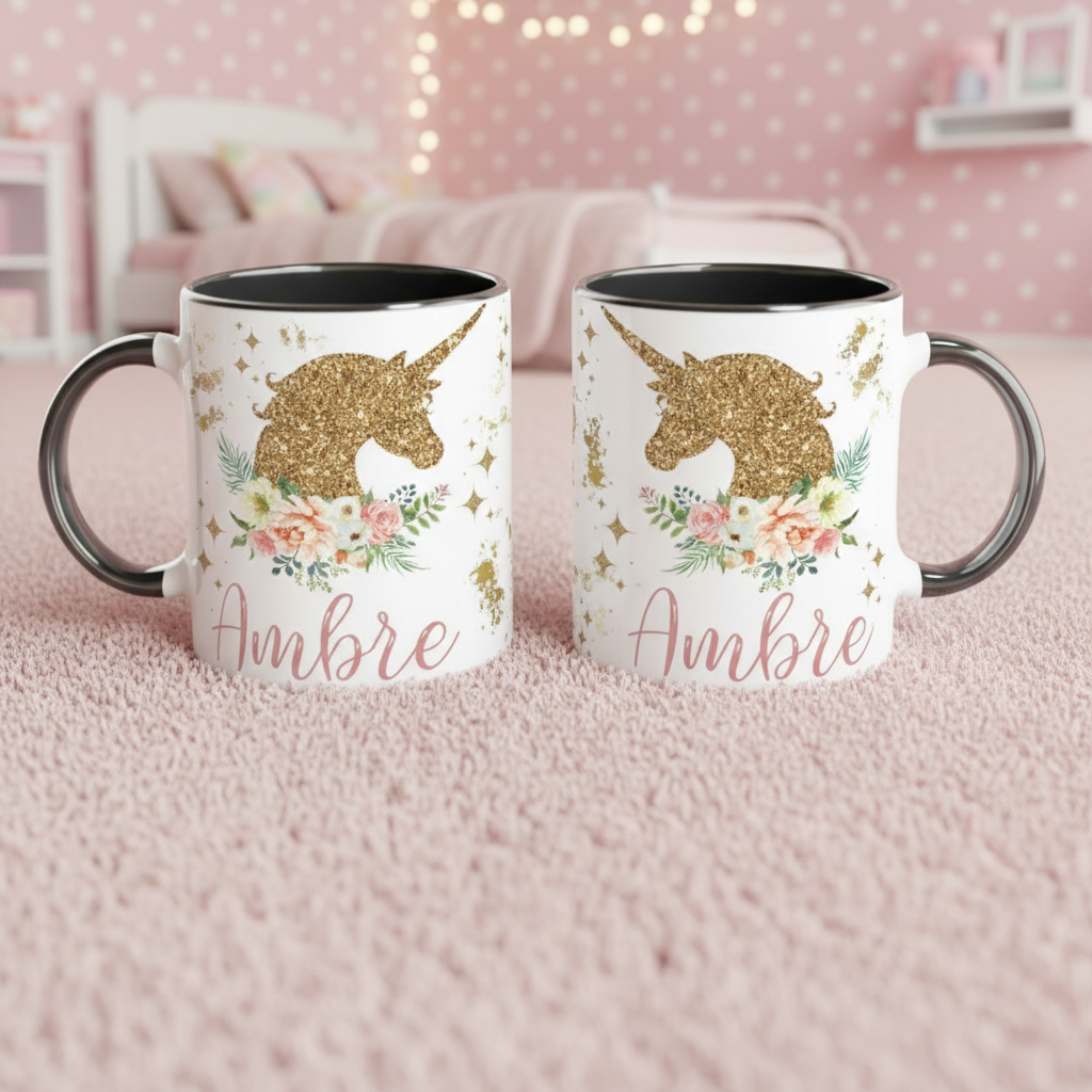 mugs enfant licorne en céramique avec poignée noire dans chambre pastel