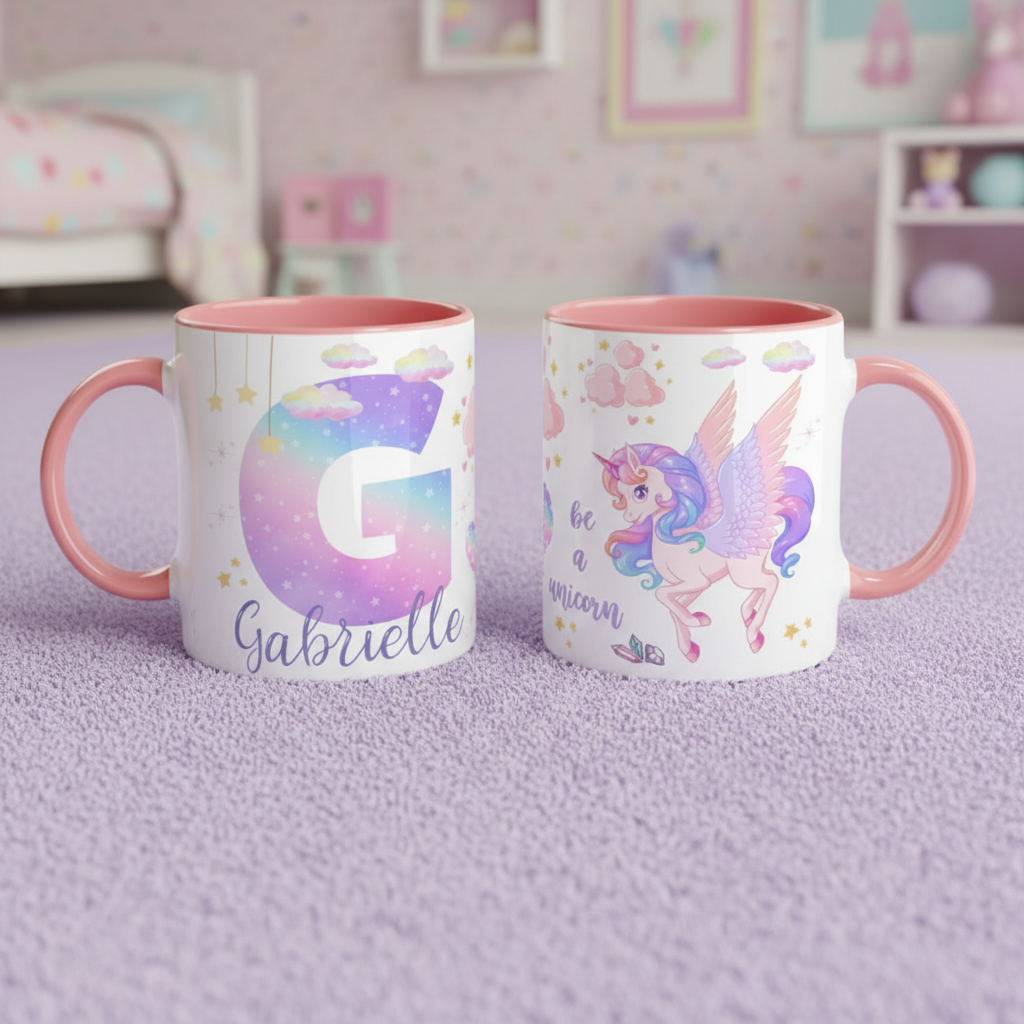 Mug enfant licorne personnalisé avec intérieur rose, idée cadeau fille originale pour anniversaire ou Noël