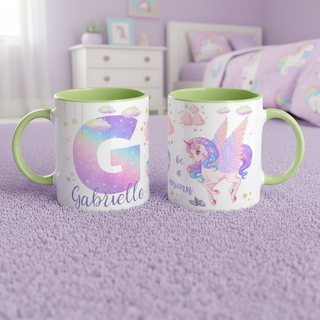 Mug enfant licorne avec prénom et intérieur vert, idée cadeau fille utile et décorative