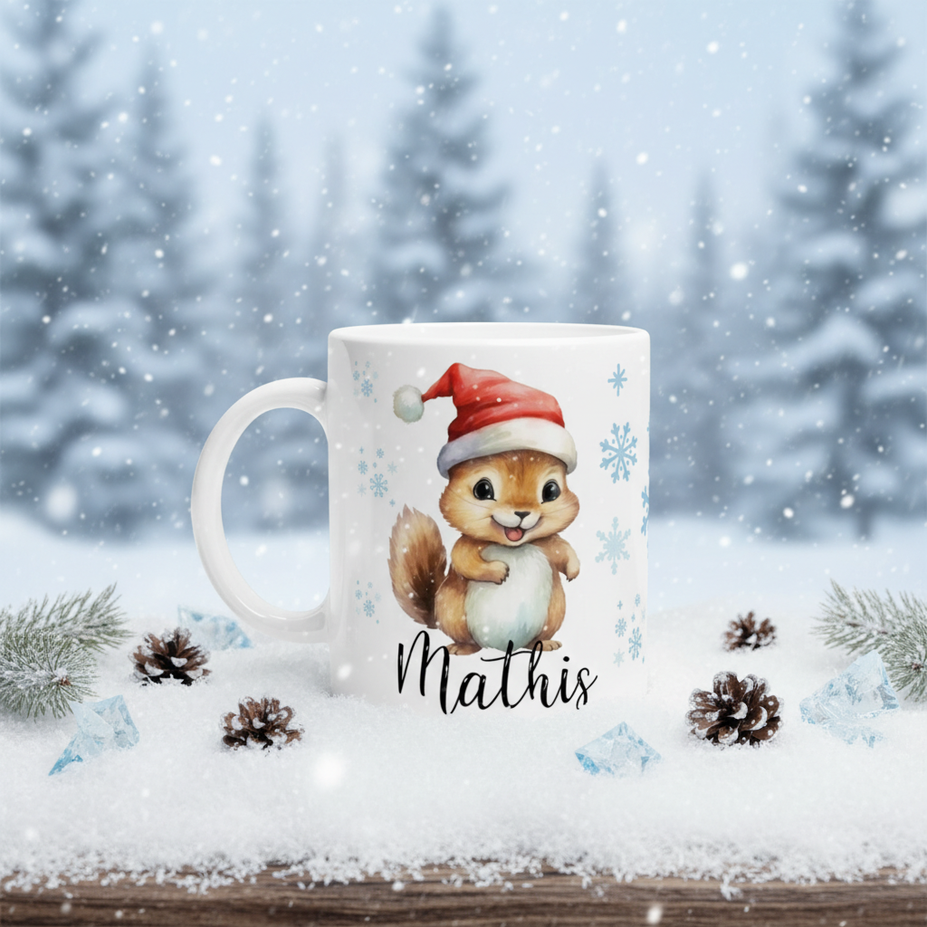 Mug de Noël personnalisé avec illustration d’écureuil portant un bonnet de Noël, posé dans un décor hivernal enneigé
