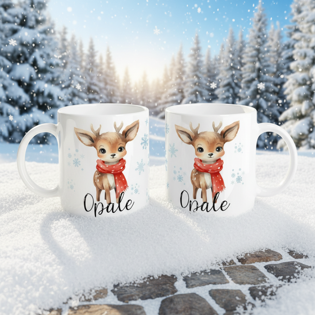 Mug de Noël personnalisé avec illustration de faon et flocons de neige dans un décor hivernal